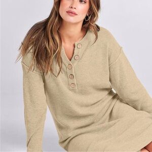 Anarabess Tan Waffleknit Henley Long Sleeve Boho Coastal Maxi Dress Size L